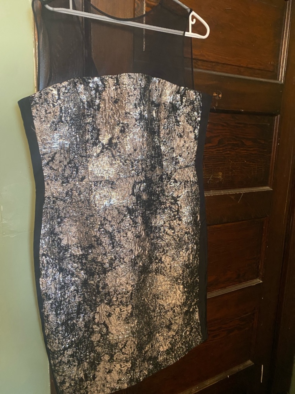 Metallic Black and Silver Sheath Dress with Mesh Yoke by Vera Wang